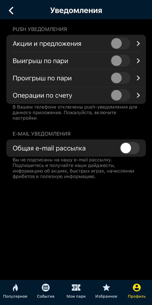 Настройки уведомлений в Бетсити Настройки уведомлений в Бетсити