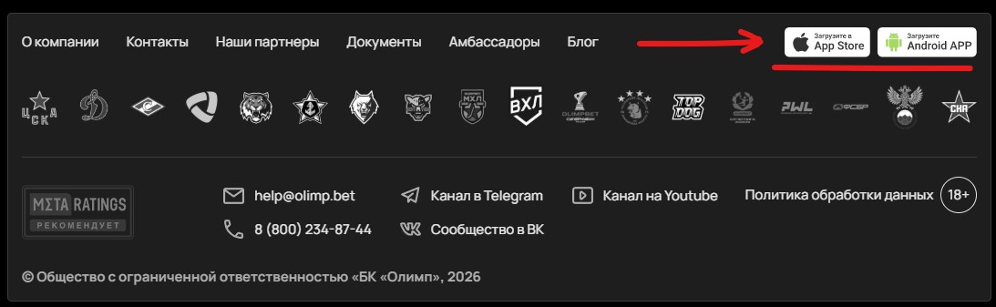 Скачивание приложения на сайте Олимп