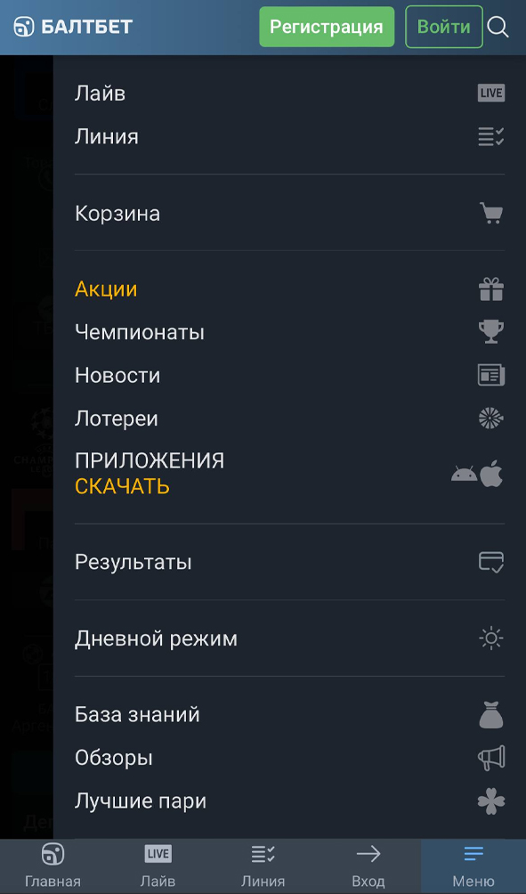 Раздел скачивания приложения в Балтбет