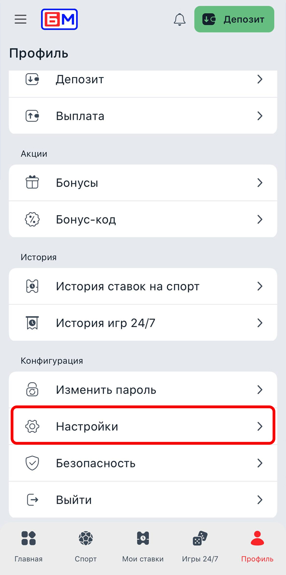 Настройки в меню
