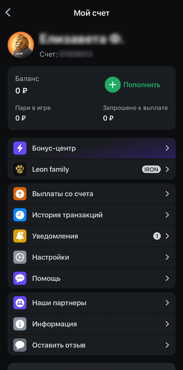Личный кабинет в Леоне
