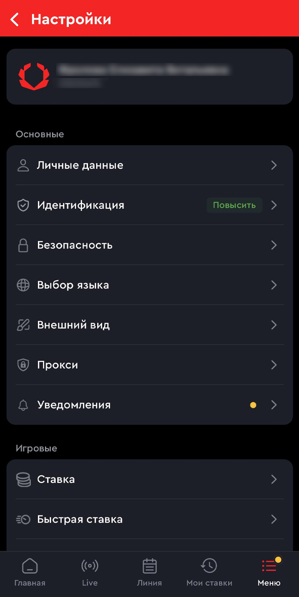 Список настроек
