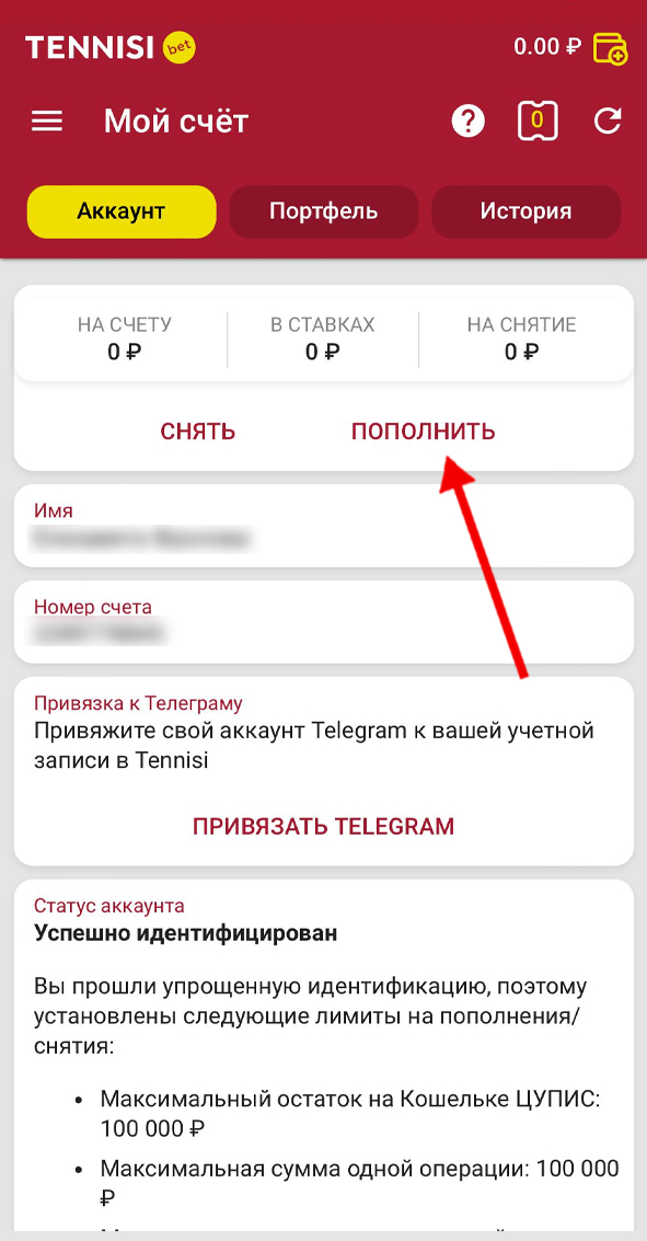 Кнопка пополнения в Тенниси
