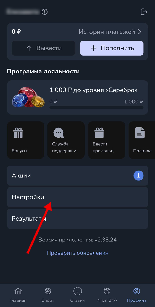 Настройки в меню