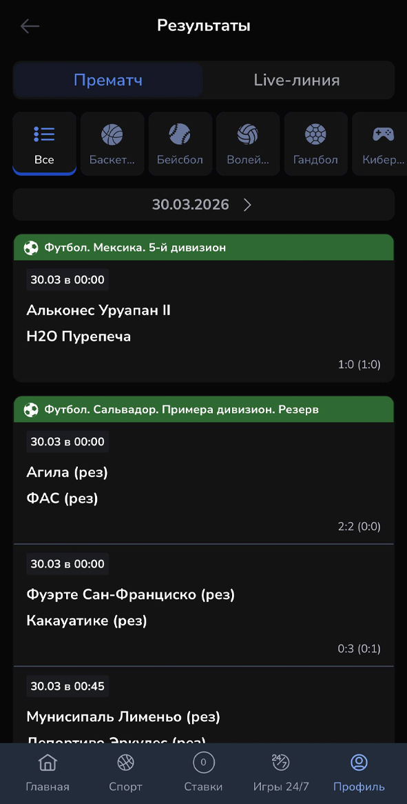 Результаты матчей Результаты матчей